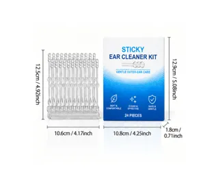 Clear sticky ear-cleaning sticks displayed beside a blue 24-piece kit box with size measurements