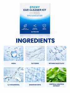 Blue-and-white 24-piece ear care box above a six-panel ingredient chart on a clean white background