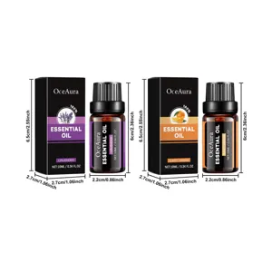 Twee etherische oliën van 10 ml, lavendel en zoete sinaasappel, in donkere flesjes met zwarte doosjes