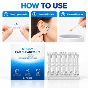 Three-step use guide above a box and 24 transparent ear-cleaning swabs on a white background