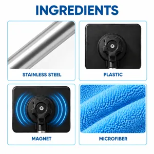 Vier Materialfelder zeigen Edelstahlrohr, Kunststoffsockel, Magnet und blaues Mikrofasertuch