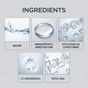 Infografía de ingredientes en cinco recuadros, con etiquetas en inglés y motivos moleculares azul claro