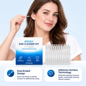 Woman uses a clear ear-cleaning tool beside the 24-piece kit with adhesive tips