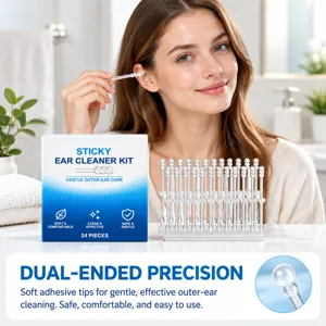Woman using a clear adhesive-tipped ear cleaner beside a 24-piece display, with a close-up tip inset