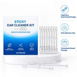 Display of 24 transparent dual-ended ear-cleaning sticks beside blue-and-white boxed packaging