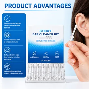 Clear double-ended ear-cleaning swab held beside the outer ear, with the 24-piece kit displayed