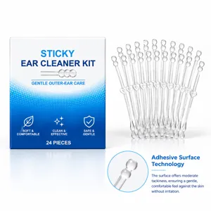 Blue-and-white 24-piece box beside clear ear-care sticks, with a close-up of the adhesive tip