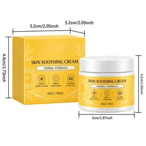 Yellow 50 g cream box and white jar displayed together, with herbal formula labels and size markings