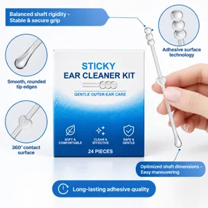 Transparent cleaning rods with rounded adhesive tips beside a blue-and-white 24-piece package