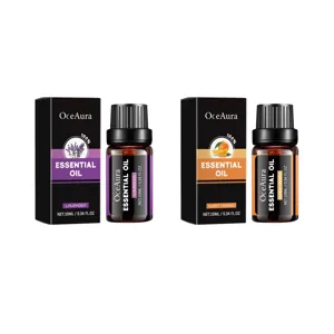 Lavendel- en zoete sinaasappelolie, amberkleurige flesjes van 10 ml met zwarte doosjes