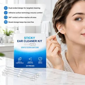 A woman gently cleans her outer ear with a clear stick beside the 24-piece box at home
