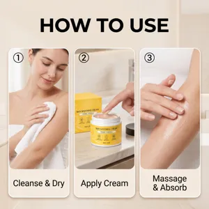 Three-step skincare tutorial showing cleansing, cream application and gentle massage for absorption