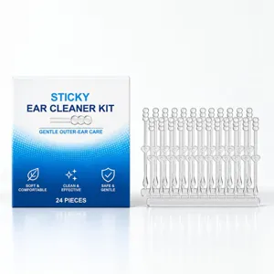 24-piece sticky ear cleaner kit with clear cleaning sticks on a heart-shaped holder beside its box