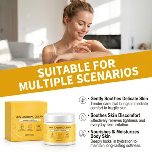 Yellow cream jar and box below a woman applying skincare, with soothing and moisturizing claims