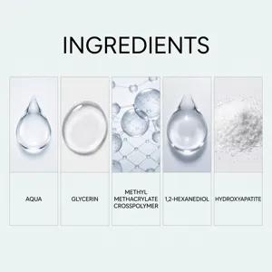 Ingredient chart showing aqua, glycerin, methacrylate crosspolymer, hexanediol and hydroxyapatite