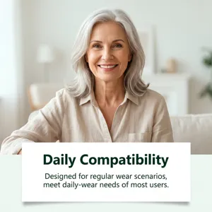 Smiling older woman in a bright home setting beside a banner about daily-wear compatibility