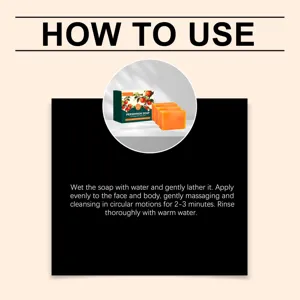 How-to-use graphic shows orange soap bars and instructions to lather, massage skin, and rinse.