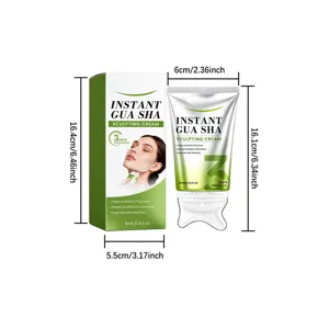 Green-and-white cream tube and matching box with sculpting applicator, shown with measurements