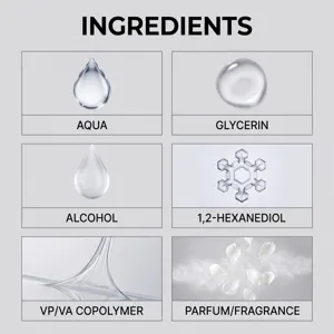 Ingrediëntenoverzicht met aqua, glycerine, alcohol, 1,2-hexanediol, VP/VA-copolymeer en parfum.
