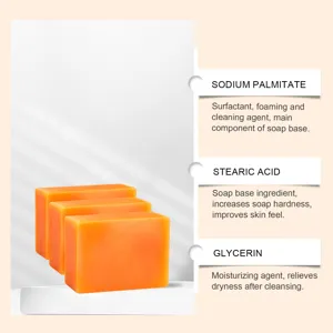 Three orange soap bars stacked beside notes on sodium palmitate, stearic acid and glycerin