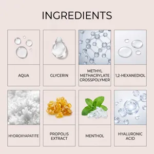 Beige ingredient infographic with eight illustrated cards for aqua, glycerin, menthol and hyaluronic acid