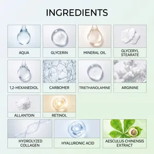 Skincare ingredient chart featuring retinol, hydrolyzed collagen and hyaluronic acid