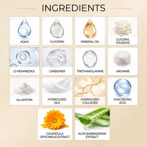 Ingrediëntenoverzicht met glycerine, minerale olie, collageen, hyaluronzuur en plantenextracten