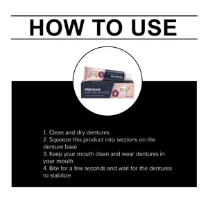 Denture adhesive tube and box in a circular inset above a four-step guide to product use.
