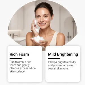 Woman gently cleansing her face with rich foam; bright bathroom scene highlights mild brightening.