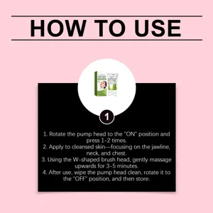 Pink instruction graphic with cream tube and box, showing four steps for upward face and neck massage.