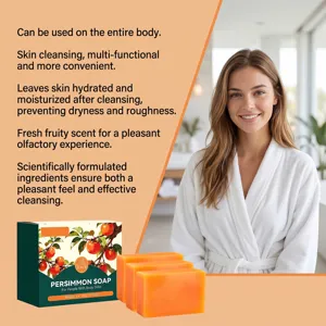Persimmon soap bars and box beside a woman in a white robe in a bright bathroom setting