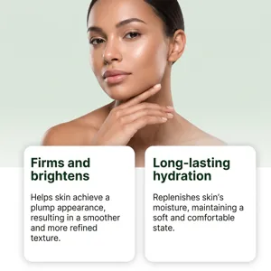 Skincare benefit graphic with a woman touching her neck and cards about firming, glow and hydration