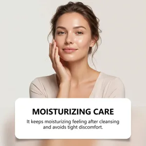Woman gently touching her face beside a message about moisturizing care after cleansing