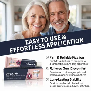 Product display with a smiling older couple, adhesive tube and box, plus text about reliable fixation.