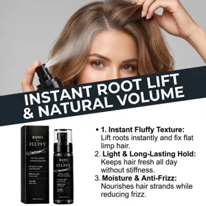 Een vrouw sprayt haarwortels voor meer volume, naast een zwarte flacon van 100 ml en de verpakking.