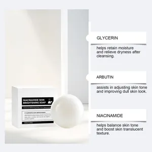 Product display of a translucent round soap bar beside its white carton and three ingredient labels