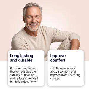 Smiling older man beside cards highlighting long-lasting denture hold and better wearing comfort