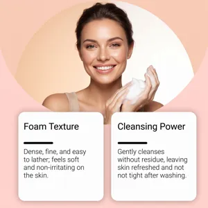 Smiling woman holds fine foam beside cards highlighting its soft texture and gentle cleansing