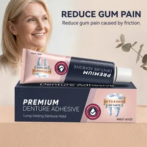 Denture adhesive tube and box beside a smiling woman, with packaging highlighting gum-pain relief