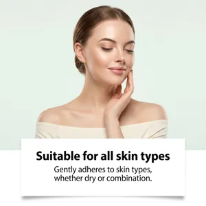 Portrait of a woman gently touching her cheek, beside text stating suitability for all skin types.