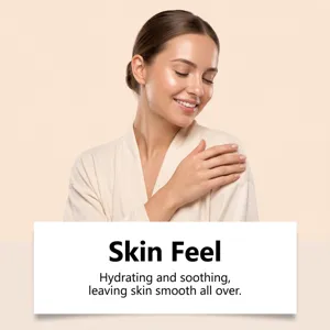 Woman in a cream bathrobe gently touching her shoulder, with a smooth-skin care message below