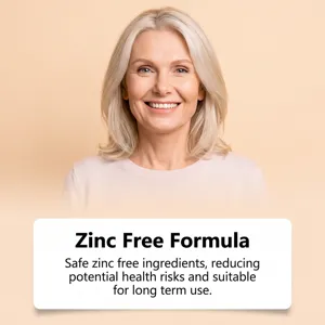 Smiling older woman beside a panel stating zinc-free formula and suitability for long-term use