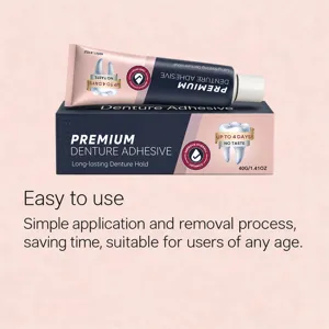 Denture adhesive tube and matching carton displayed together against a soft pink background, 40 g.