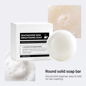 White round soap bar beside its box, with close-up views of cleansing foam and bubbles