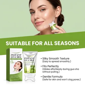 Skincare cream shown beside its tube and box, with a model applying it along her jawline