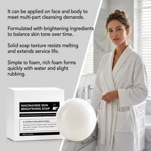 White round soap and niacinamide box beside a woman in a bathrobe in a bright bathroom