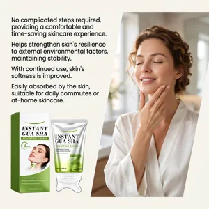 Woman gently touching her neck beside a green skincare tube with a sculpting massage applicator