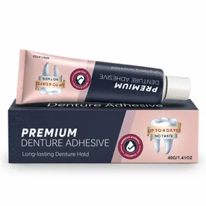 40 g denture adhesive in a tube and box, shown together in blue and pink packaging on white