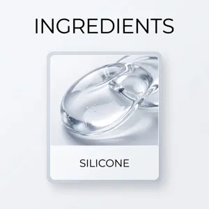 Ingredient card labeled SILICONE, featuring a glossy transparent gel close-up on a pale background