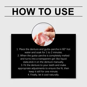 Instruction graphic showing a hand fitting softened thermoplastic material to a denture after soaking